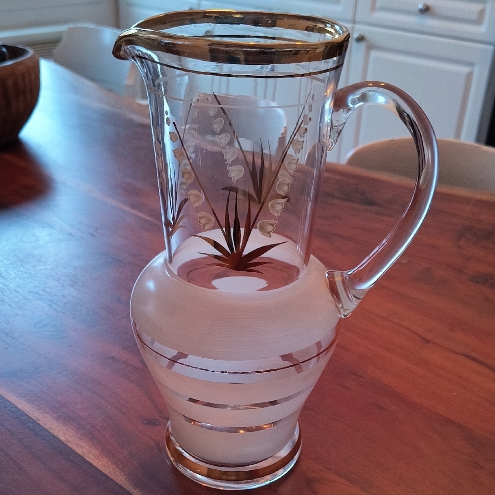 Vintage Hand Painted Enamel Lily-of-the-Valley Hand Blown Glass Pitcher.